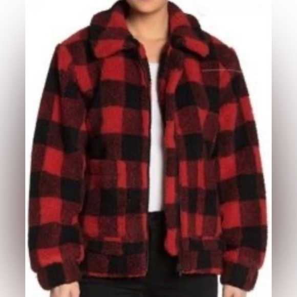 ELODIE Nordstrom Bomber Fleece Plaid Jacket- Red/Black Size Small - Picture 1 of 7